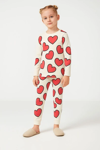 ESİLA KİDS Kız Çocuk Takım Kalp Desenli Uzun Kollu Pamuklu Kız Çocuk Pijama Takımı 2-6 yaş ürün görseli 1