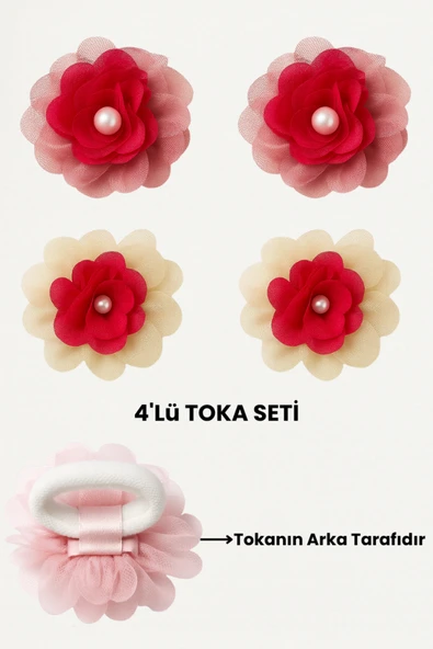 ESİLA KİDS Toka Kız Çocuk Toka 4'lü Toka Çiçek Desenli İnci Detaylı Lastikli Saç Tokası Bej ve Gül Kurusu ürün görseli 1