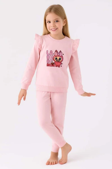 ESİLA KİDS Kız Çocuk Takım Pembe Labubu Baskılı Fırfırlı Sweatshirt ve Eşofman Altı Takım 5-8 yaş ürün görseli 1