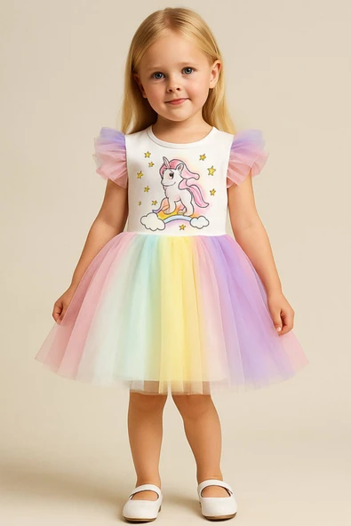 ESİLA KİDS Kız Çocuk Unicorn Elbise Tüllü Elbise Rengarenk Doğum Günü Ve Parti Elbisesi 1-9 Yaş ürün görseli 1