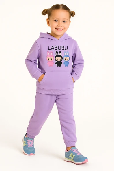 ESİLA KİDS Kız Çocuk Eşofman Takımı Labubu Takım Kapüşonlu Baskılı Sweatshirt ve Pantolon ürün görseli 1