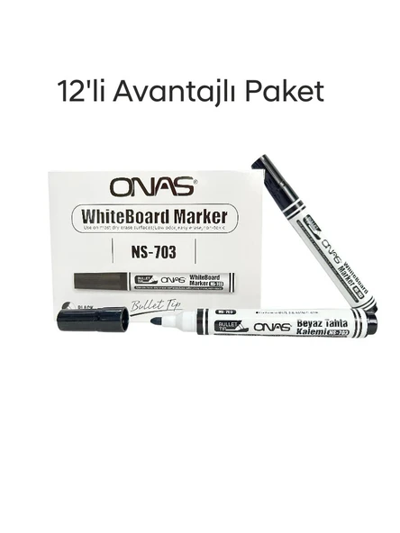 Mikro NS-703 Yuvarlak Uç Beyaz Yazı Tahta Kalemi Siyah 12 li Set ürün görseli 1