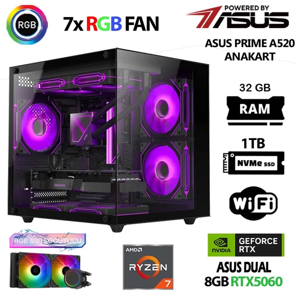 Prime x3 Ryzen 7 5700X 32GB Ram 1TB M.2 NVMe SSD 8GB RTX5060 Sıvı Soğutmalı Oyuncu Tavsiye Sistem ürün görseli 1
