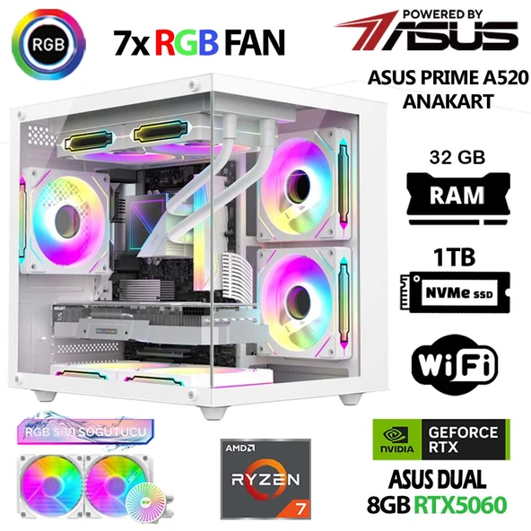 Prime x4 Ryzen 7 5700X 32GB Ram 1TB M.2 NVMe SSD 8GB RTX5060 Sıvı Soğutmalı Oyuncu Tavsiye Sistem ürün görseli 1