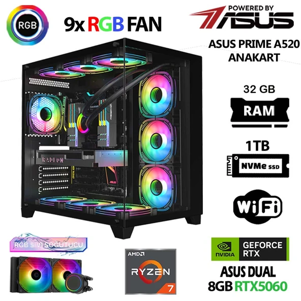 Prime x5 Ryzen 7 5700X 32GB Ram 1TB M.2 NVMe SSD 8GB RTX5060 Sıvı Soğutmalı Oyuncu Tavsiye Sistem ürün görseli 1