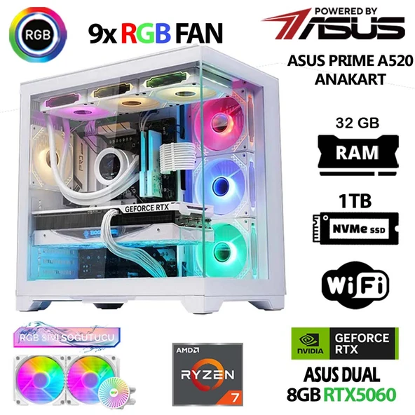 Prime x6 Ryzen 7 5700X 32GB Ram 1TB M.2 NVMe SSD 8GB RTX5060 Sıvı Soğutmalı Oyuncu Tavsiye Sistem ürün görseli 1