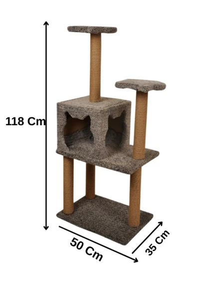 Pribor Üç Katlı Yuvalı Lüx Kedi Tırmalama Platformu ve Kedi Oyun Evi Gri 118 cm ürün görseli 1