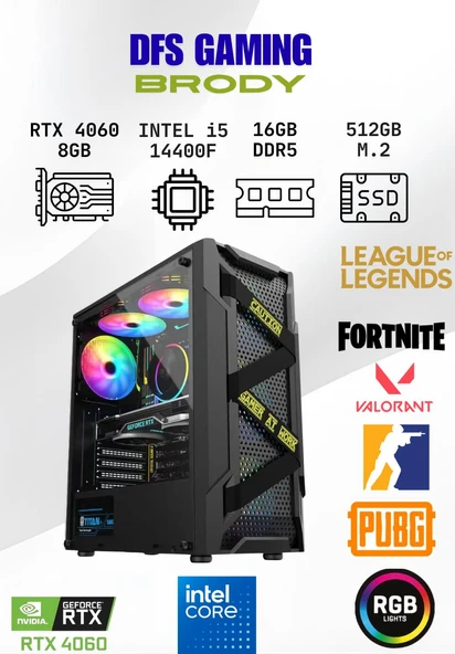 DFS Gaming BRODY INTEL i5 14400F-H610M DDR5-RTX 4060-16GB DDR5 RAM-512GB NVME M.2 SSD-OYUNCU BİLGİSAYARI ürün görseli 1