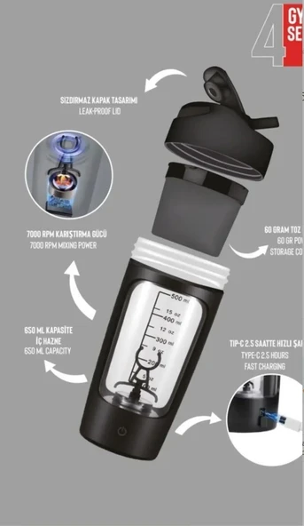 Stevig ST-225 4 Gym Şarj Edilebilir Elektrikli Shaker 650ML Black ürün görseli 1
