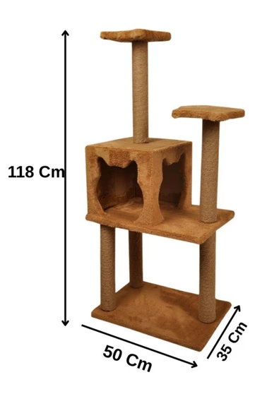 Pribor Üç Katlı Yuvalı Lüx Kedi Tırmalama Platformu ve Kedi Oyun Evi Kahverengi 118 cm ürün görseli 1