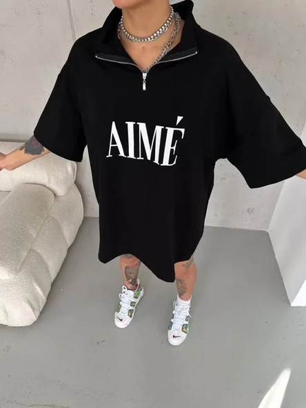 Unisex Yarım Fermuarlı Baskılı T-Shirt - Siyah ürün görseli 1