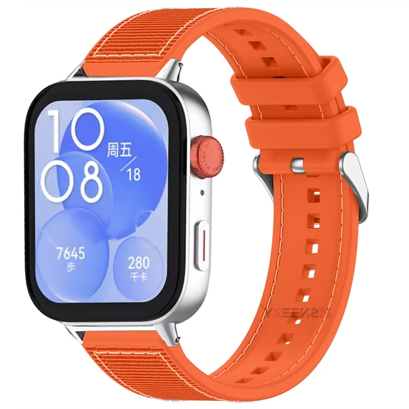 Huawei Watch Fit 3 İle Uyumlu Dikiş Desenli Dokuma Silikon Kordon  Turuncu ürün görseli 1