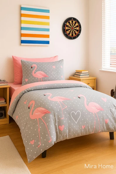 Flamingo Desenli  Pamuklu Tek Kişilik Nevresim Takımı ürün görseli 1
