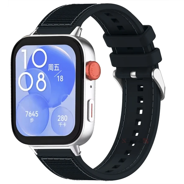 Huawei Watch Fit 3 İle Uyumlu Dikiş Desenli Dokuma Silikon Kordon  Siyah ürün görseli 1