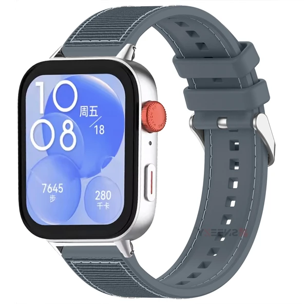 Huawei Watch Fit 3 İle Uyumlu Dikiş Desenli Dokuma Silikon Kordon  Gri ürün görseli 1