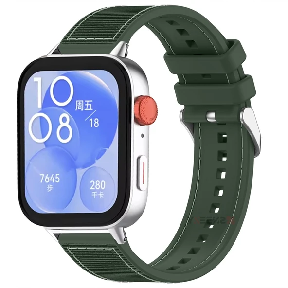 Huawei Watch Fit 3 İle Uyumlu Dikiş Desenli Dokuma Silikon Kordon  Haki ürün görseli 1