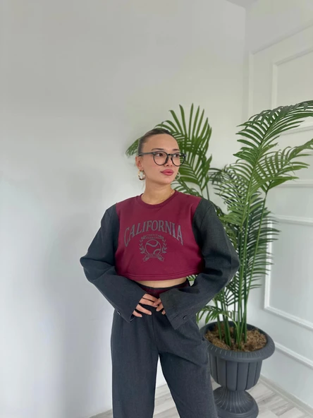 Kadın Vatkalı Crop Sweatshirt Bordo ürün görseli 1