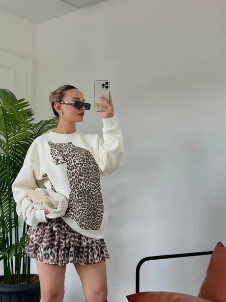 Kadın Fırfırlı Leopar Mini Etek Bej ürün görseli 1