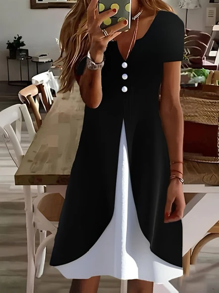 Kadın Kısa Kollu V Yakalı önden Düğmeli çift Renkli Viskon Elbise ürün görseli 1