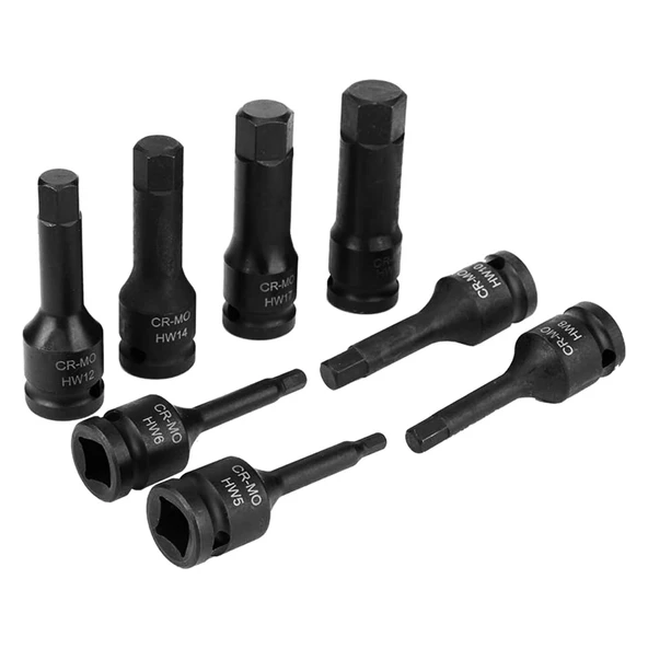 Allen Bits Lokma Seti 8 Parça 1/2" CR-MO ÇEliği H5 H6 H8 H10 H12 H14 H17 H19 Uzunluk: 78 mm Altıgen ürün görseli 1