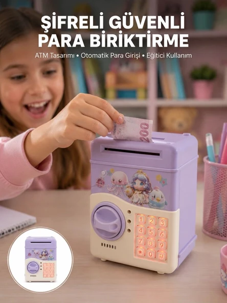 Çocuklar İçin Elektronik Şifreli Para Biriktirme Kumbarası Mor ürün görseli 1