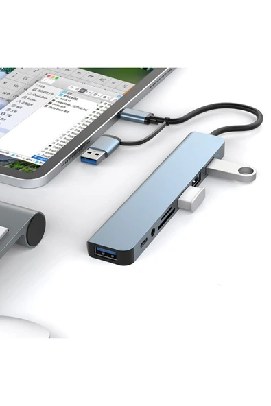 Plentiful 7 In 1 Usb ve Type-c To Usb A + Type-C Usb 3.0 Çevirici Adaptör Çok Portlu Çoklayıcı Usb Hub ürün görseli 1