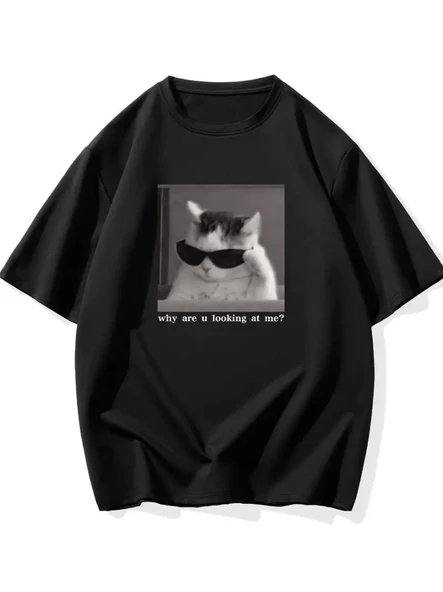 Baskılı Oversize Bisiklet Yaka T-shirt - Siyah ürün görseli 1