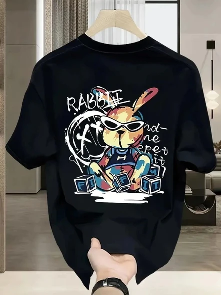 Baskılı Oversize Bisiklet Yaka T-shirt - Siyah ürün görseli 1