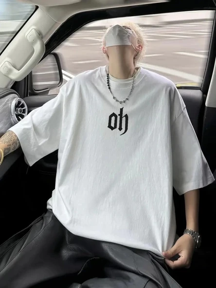 Baskılı Oversize Bisiklet Yaka T-shirt - Beyaz ürün görseli 1