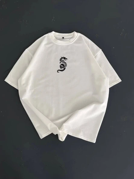 Baskılı Oversize Bisiklet Yaka T-shirt - Beyaz ürün görseli 1