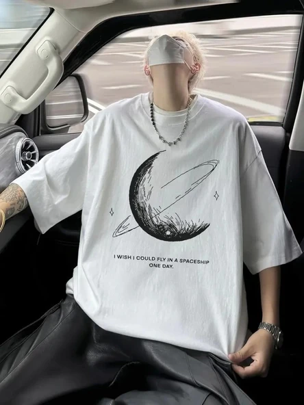 Baskılı Oversize Bisiklet Yaka T-shirt - Beyaz ürün görseli 1