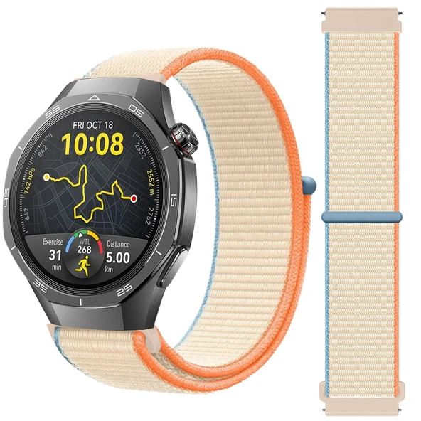 Huawei Watch GT5 Pro 46mm İle Uyumlu Ayarlanabilir Cırt Cırtlı Yumuşak Spor Kumaş Örgü Kordon  Bej ürün görseli 1