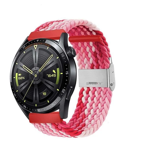 Sneezy Huawei Watch GT5 46mm İle Uyumlu 22mm Metal Klips Solo Fiberlink Örgü Kordon  Kırmızı Beyaz ürün görseli 1