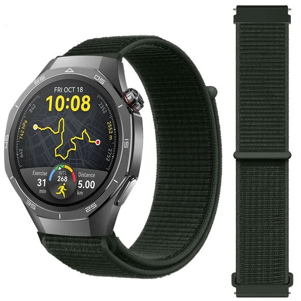 Huawei Watch GT5 Pro 46mm İle Uyumlu Ayarlanabilir Cırt Cırtlı Yumuşak Spor Kumaş Örgü Kordon  Haki ürün görseli 1