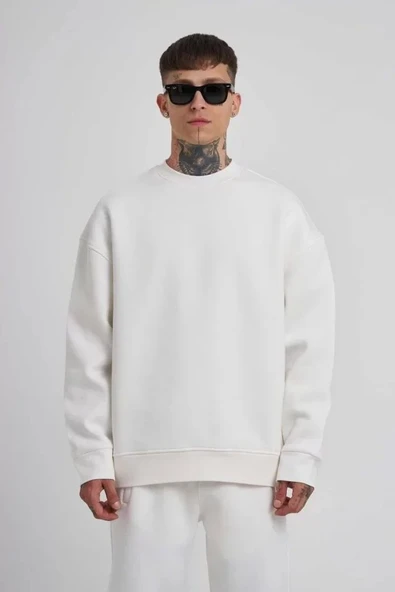 Unisex Biskilet Yaka Üç İplik SweatShirt - Beyaz ürün görseli 1