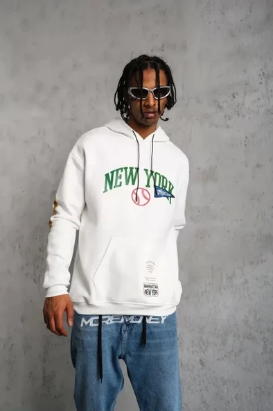 Erkek Baskılı Kapüşonlu Sweatshirt - Beyaz - Resim 3