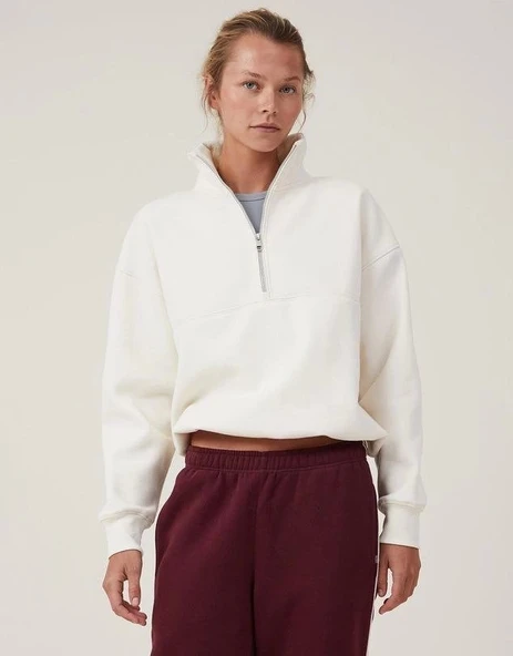 Oversize Yarım Farmuarlı Yakalı Basic SweatShirt - Beyaz ürün görseli 1