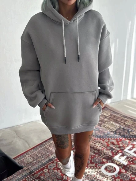 Kapşonlu Üç İplik Penye Basic SweatShirt - Boyalı Gri ürün görseli 1