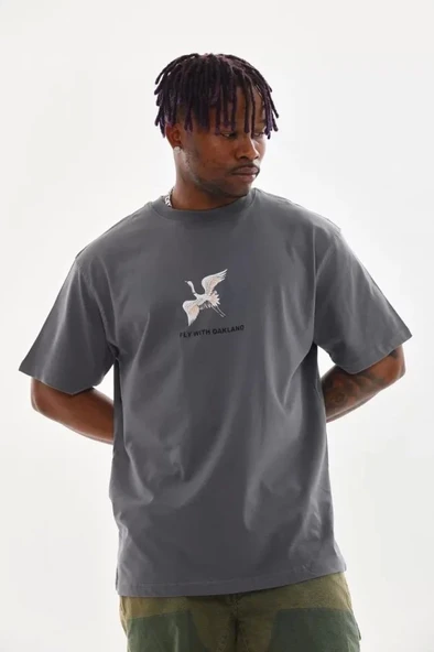 Unisex Baskılı Oversize T-Shirt - Füme ürün görseli 1