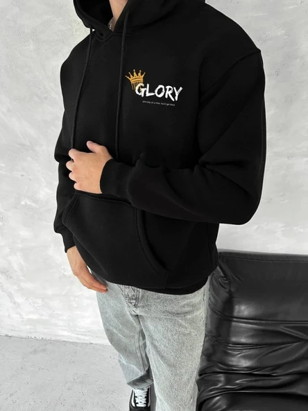 Kışlık Üç İplik Kapşonlu SweatShirt - Siyah ürün görseli 1