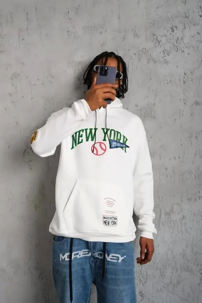 Erkek Baskılı Kapüşonlu Sweatshirt - Beyaz ürün görseli 1