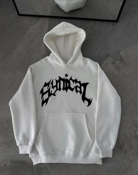 Kışlık Kapşonlu Baskılı Oversize SweatShirt- Beyaz - Resim 2
