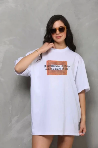 Unisex Bisiklet Yaka Baskılı Oversize T-Shirt - Beyaz ürün görseli 1