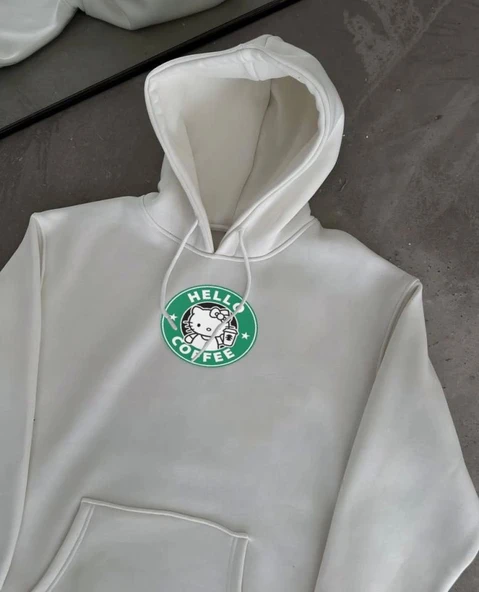 Üç İplik Penye Uzun Kol Kapşonlu SweatShirt - Beyaz ürün görseli 1