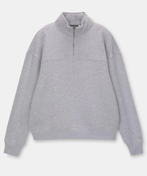 Oversize Yarım Farmuarlı Yakalı Basic SweatShirt - Gri ürün görseli 1