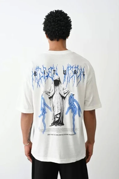 Unisex Baskılı Oversize T-Shirt - Beyaz ürün görseli 1