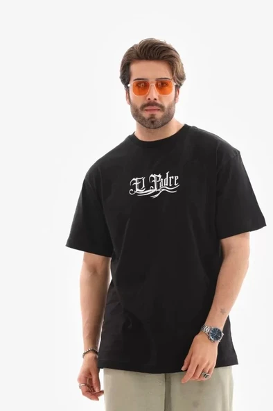 Unisex Bisiklet Yaka Baskılı Oversize T-Shirt - Siyah ürün görseli 1