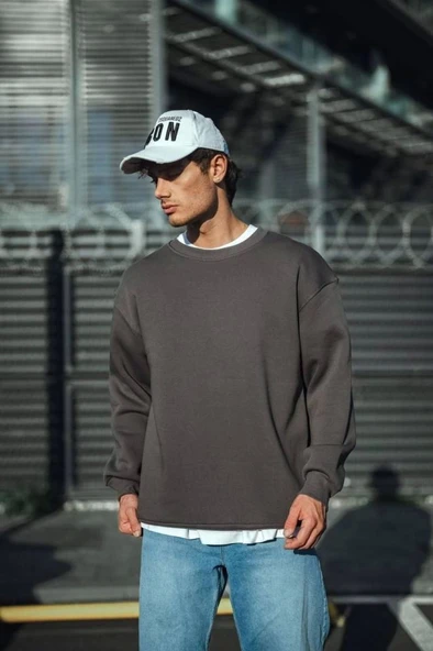 Kışlık Bisiklet Yaka Üç İplik Basic SweatShirt - Antrasit - Resim 3