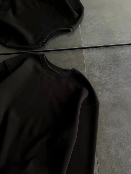 Kışlık Bisiklet Yaka Üç İplik Basic SweatShirt - Siyah - Resim 2