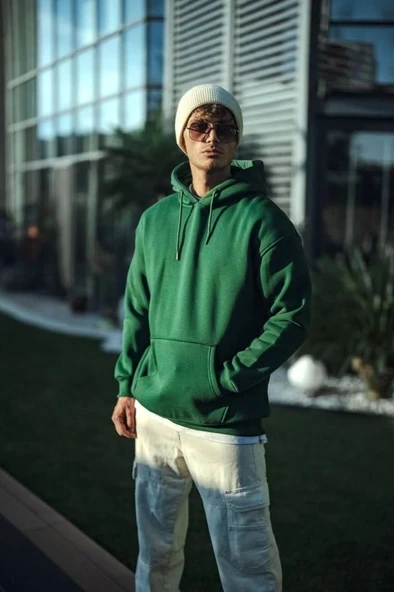 Üç İplik Penye Kapşonlu Basic SweatShirt - Haki - Resim 2